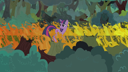 Size: 1920x1080 | Tagged: safe, twilight sparkle, pony, unicorn, double rainboom, g4, spoiler:double rainboom, destruction, fire, forest, looking left, rainbow fire, sad, unicorn twilight
