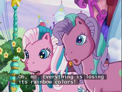 Size: 640x480 | Tagged: safe, screencap, cotton candy (g3), sweetberry, g3, the runaway rainbow, colorless, crisis, faded, rainbow colors, rainbows, subtitles