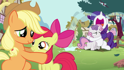Size: 1920x1080 | Tagged: safe, apple bloom, applejack, rarity, sweetie belle, double rainboom, g4, spoiler:double rainboom, abuse, crying, destruction, hilarious in hindsight, hug, ocular gushers, overreaction, ponyville, show accurate, smiling, sweetie derp, sweetiebuse, this might end in death