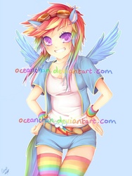 Size: 600x799 | Tagged: safe, artist:oceanchan, rainbow dash, human, g4, clothes, eared humanization, goggles, humanized, solo, tailed humanization, thigh highs, winged humanization