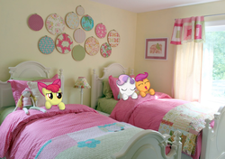 Size: 1600x1125 | Tagged: safe, artist:appleandmuffin, apple bloom, scootaloo, sweetie belle, earth pony, pegasus, pony, unicorn, g4, apple bloom's bow, bed, bedroom, bow, cutie mark crusaders, female, filly, foal, hair bow, irl, photo, ponies in real life, sleeping, sleeping together, smiling, snoring, trio