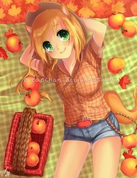 Size: 600x776 | Tagged: safe, artist:oceanchan, applejack, human, g4, apple, eared humanization, female, hat, humanized, looking at you, on back, solo, tailed humanization, watermark