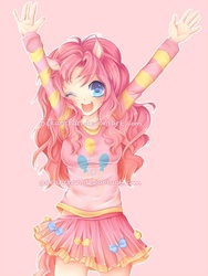 Size: 600x799 | Tagged: safe, artist:oceanchan, pinkie pie, human, g4, arms in the air, eared humanization, hands up, humanized, one eye closed, open mouth, solo, tailed humanization, wink