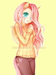 Size: 600x799 | Tagged: safe, artist:oceanchan, fluttershy, human, g4, clothes, eared humanization, humanized, solo, sweater, sweatershy, tailed humanization, winged humanization