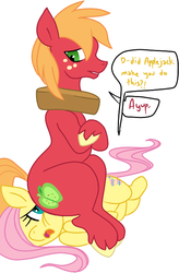 Size: 468x713 | Tagged: safe, artist:purplekecleon, big macintosh, fluttershy, earth pony, pegasus, pony, g4, apple family member, faceful of ass, facesitting, female, femsub, flutterseat, fluttersub, lucky girl, male, male facesitting, maledom, mare, sitting, sitting on person, sitting on pony, stallion, submissive