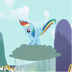 Size: 360x360 | Tagged: dead source, safe, screencap, rainbow dash, pegasus, pony, friendship is magic, g4, animated, cloud, cropped, female, gif, jumping, loop, mare, mountain, ponyville, rain, raincloud, solo