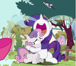 Size: 920x800 | Tagged: safe, apple bloom, rarity, sweetie belle, double rainboom, g4, accidental abuse, animated, asphyxiation, choking, cropped, crying, female, happy, hilarious in hindsight, hug, hug on the neck, nose in the air, ocular gushers, show accurate, sweetie derp, sweetiebuse, this might end in death