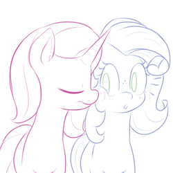 Size: 600x600 | Tagged: safe, artist:lamia, oc, oc only, oc:lamia, oc:milky way, earth pony, pony, unicorn, female, freckles, lesbian, mare, nuzzling, sketch