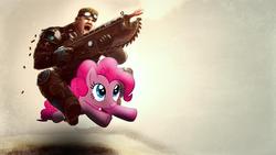 Size: 960x540 | Tagged: safe, pinkie pie, earth pony, human, pony, g4, damon baird, female, gears of war, gun, male, mare, mark 2 lancer assault rifle, riding, riding a pony, smiling