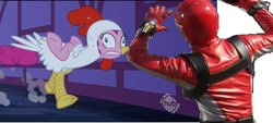 Size: 900x405 | Tagged: safe, pinkie pie, g4, animal costume, chicken pie, chicken suit, clothes, costume, go-busters, red buster, red ranger, super sentai, tokumei sentai go-busters