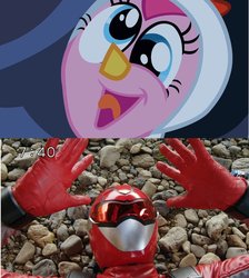 Size: 846x945 | Tagged: safe, pinkie pie, g4, animal costume, chicken pie, chicken suit, clothes, costume, go-busters, red buster, super sentai, tokumei sentai go-busters