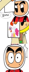 Size: 572x1395 | Tagged: safe, pinkie pie, g4, animal costume, bakugaiden, bomberman, bomberman b-daman bakugaiden, chicken pie, chicken suit, clothes, costume, engrish, go-busters, jin masato, kirobon, shirobon, super sentai, tokumei sentai go-busters