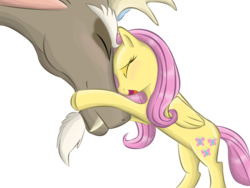 Size: 800x600 | Tagged: safe, artist:kazifasari, discord, fluttershy, draconequus, pegasus, pony, g4, female, hug, male, mare, ship:discoshy, shipping, simple background, size difference, straight, transparent background