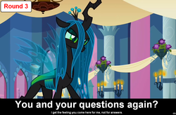 Size: 1024x672 | Tagged: safe, queen chrysalis, changeling, changeling queen, comic:celestia's servant interview, g4, caption, interview, meta