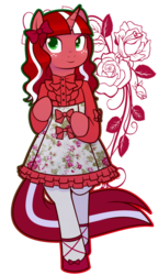 Size: 953x1659 | Tagged: safe, artist:redintravenous, oc, oc only, oc:red ribbon, pony, unicorn, bipedal, clothes, dress, female, freckles, lolita fashion, mare