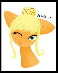 Size: 452x568 | Tagged: safe, artist:asikku, applejack, earth pony, pony, g4, alternate hairstyle, female, smiling, solo, wink