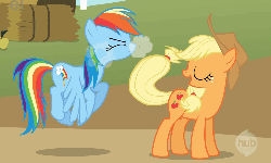 Size: 1000x600 | Tagged: safe, screencap, applejack, rainbow dash, earth pony, pegasus, pony, fall weather friends, g4, animated, dust, dusting, eyes closed, female, flying, frown, mare, prehensile tail, slap, smiling, tail slap, tail whip, talking