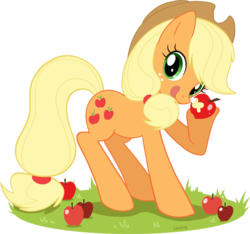 Size: 850x794 | Tagged: safe, artist:domi-chan, applejack, earth pony, pony, g4, apple, female, looking at you, solo, tongue out