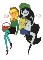 Size: 520x727 | Tagged: safe, artist:giraffewizardry, applejack, human, g4, adventure time, apple, basket, crossover, duo, humanized, male, marceline, simple background, skinny, smiling, thin, transparent background