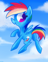 Size: 700x900 | Tagged: dead source, safe, artist:dotoriii, rainbow dash, pegasus, pony, g4, cloud, female, flying, open mouth, sky, smiling, solo, spread wings, wings