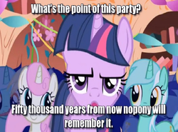 Size: 680x502 | Tagged: safe, edit, edited screencap, screencap, lyra heartstrings, minuette, twilight sparkle, twinkleshine, friendship is magic, g4, my little pony: friendship is magic, future, history, image macro, immortality blues, javik, mass effect, nihilism, party, prothean, remember, truth, twilight will outlive her friends