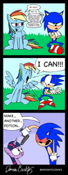 Size: 1566x4000 | Tagged: safe, artist:animatedjames, rainbow dash, twilight sparkle, hedgehog, pegasus, pony, unicorn, double rainboom, g4, angry, bloodshot eyes, comic, comic sans, crossover, dialogue, female, frown, gun, high res, male, mare, shocked, sonic the hedgehog, sonic the hedgehog (series), speech bubble, text, unicorn twilight, weapon