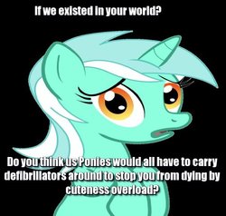 Size: 600x571 | Tagged: safe, lyra heartstrings, g4, black background, caption, conspiracy lyra, cute, defibrillators, diabetes, dialogue, exploitable meme, hnnng, image macro, meme, question, simple background