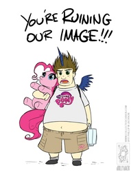 Size: 743x974 | Tagged: safe, artist:jollyjack, pinkie pie, alicorn, human, pony, g4, brony, brony stereotype, fake horn, fat, female, hypocrisy, irony, male, my little pony logo, plushie