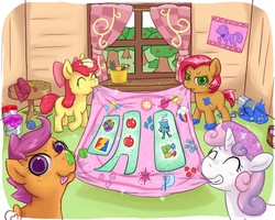 Size: 1500x1200 | Tagged: safe, artist:kiuxi, artist:rigi, apple bloom, babs seed, scootaloo, sweetie belle, earth pony, pegasus, pony, unicorn, g4, collaboration, cutie mark crusaders, messy, mouth hold, paint, paint on fur, pixiv