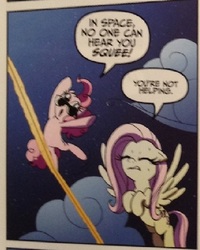 Size: 482x604 | Tagged: safe, idw, official comic, fluttershy, pinkie pie, alien, g4, spoiler:comic, alien (franchise), comic, reference