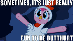 Size: 768x432 | Tagged: safe, edit, edited screencap, screencap, pinkie pie, chicken, pony, g4, luna eclipsed, animal costume, butthurt, caption, chicken pie, chicken suit, clothes, costume, female, image macro, nightmare night, nightmare night costume, solo