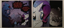 Size: 1404x612 | Tagged: safe, idw, official comic, applejack, fluttershy, maybelle, pinkie pie, rainbow dash, rarity, twilight sparkle, g4, spoiler:comic, spoiler:comic06, comic, gravity falls, male, mane six, moon, nightmare dreamscape, nightmare rarity (arc)