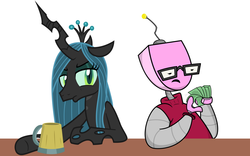 Size: 2032x1270 | Tagged: safe, artist:abigail m., queen chrysalis, g4, cider, lucy, robot and monster