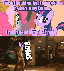 Size: 488x537 | Tagged: safe, edit, edited screencap, screencap, twilight sparkle, g4, party of one, animated, book, captain america, female, literal, metaphor gif, pun, punch, punching bag, the avengers, visual pun, wholesome