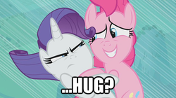 Size: 622x349 | Tagged: safe, edit, edited screencap, screencap, pinkie pie, rarity, earth pony, pony, unicorn, g4, duo, duo female, female, hug, hug request, image macro, unamused