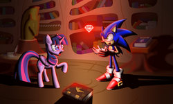 Size: 1153x692 | Tagged: safe, artist:sweecrue, twilight sparkle, alicorn, pony, g4, chaos emerald, crossover, female, golden oaks library, library, male, mare, sega dreamcast, sonic the hedgehog, sonic the hedgehog (series), twilight sparkle (alicorn)