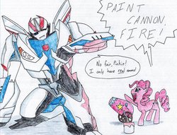 Size: 1024x783 | Tagged: safe, artist:frostedicefire, pinkie pie, g4, party cannon, smokescreen, transformers, transformers prime