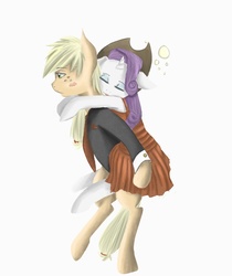 Size: 838x1000 | Tagged: dead source, safe, artist:potheadsam, applejack, rarity, earth pony, unicorn, semi-anthro, g4, bipedal, drunk, drunk rarity, kiss mark, lipstick, piggyback ride, ship:rarijack, shipping