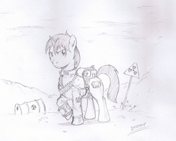 Size: 800x640 | Tagged: safe, artist:doomy, oc, oc only, oc:littlepip, pony, unicorn, fallout equestria, black and white, clothes, fanfic, fanfic art, female, grayscale, jumpsuit, mare, monochrome, pencil drawing, pipbuck, radiation sign, solo, toxic waste, traditional art, vault suit, wasteland
