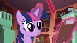 Size: 1920x1080 | Tagged: safe, twilight sparkle, pony, double rainboom, g4, book, clipboard, feather, female, golden oaks library, happy, library, magic, quill, smiling, solo