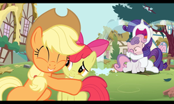 Size: 1280x768 | Tagged: safe, apple bloom, applejack, rarity, sweetie belle, double rainboom, g4, accidental abuse, choking, crying, hilarious in hindsight, hug, ocular gushers, show accurate, sweetie derp, sweetiebuse, this might end in death