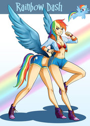 Size: 800x1120 | Tagged: safe, artist:accessworld, rainbow dash, human, g4, belly button, bra, breasts, cleavage, clothes, humanized, humantaur, midriff, tailed humanization, thanks i hate it, underwear, wat, what has science done, winged humanization