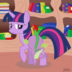 Size: 1024x1024 | Tagged: safe, artist:mistergi, spike, twilight sparkle, dragon, pony, unicorn, g4, book, butt, duo, female, male, mare, riding, spike riding twilight