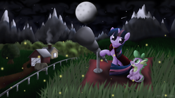 Size: 1920x1080 | Tagged: safe, artist:mrpudding701, spike, twilight sparkle, g4, moon, night, telescope