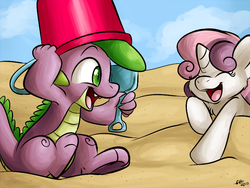 Size: 800x600 | Tagged: safe, artist:fizzy-dog, spike, sweetie belle, dragon, pony, unicorn, g4, baby, baby dragon, beach, bucket, chest fluff, cute, diasweetes, eyes closed, fangs, female, filly, fluffy, green eyes, headbucket, horn, laughing, male, pail, sand, ship:spikebelle, shipping, smiling, spade, spikabetes, straight