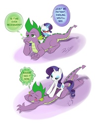 Size: 1152x1500 | Tagged: safe, artist:pia-sama, rarity, spike, dragon, pony, unicorn, g4, adventure in the comments, comic, cute, dialogue, female, glasses, grooming, male, mare, massage, older, older spike, ponies riding dragons, prone, rarity riding spike, riding, ship:sparity, shipping, speech bubble, spikelove, straight, teenage spike, teenaged dragon, teenager