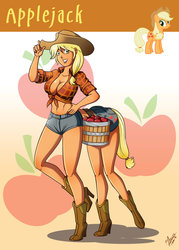 Size: 755x1057 | Tagged: safe, artist:accessworld, applejack, human, g4, apple, breasts, busty applejack, cleavage, female, humanized, humantaur, tailed humanization, what has science done