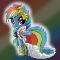 Size: 1910x1901 | Tagged: safe, artist:rainbowjune, rainbow dash, pegasus, pony, g4, clothes, colorful, cute, dashabetes, dress, female, filly, filly rainbow dash, folded wings, gala dress, grin, rainbow, rainbow background, rainbow dash always dresses in style, rainbow dash's first gala dress, simple background, smiling, solo, wings, younger