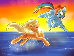 Size: 1024x768 | Tagged: safe, artist:fizzy-dog, applejack, rainbow dash, earth pony, pegasus, pony, g4, beach, chest fluff, eyes closed, female, flying, frolicking, leaping, lesbian, looking at someone, loose hair, ocean, running, ship:appledash, shipping, smiling, splashing, stars, sunset, water, water droplet