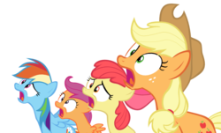 Size: 727x440 | Tagged: safe, artist:samuel039, apple bloom, applejack, rainbow dash, scootaloo, g4, reaction image, shocked, simple background, transparent background, vector